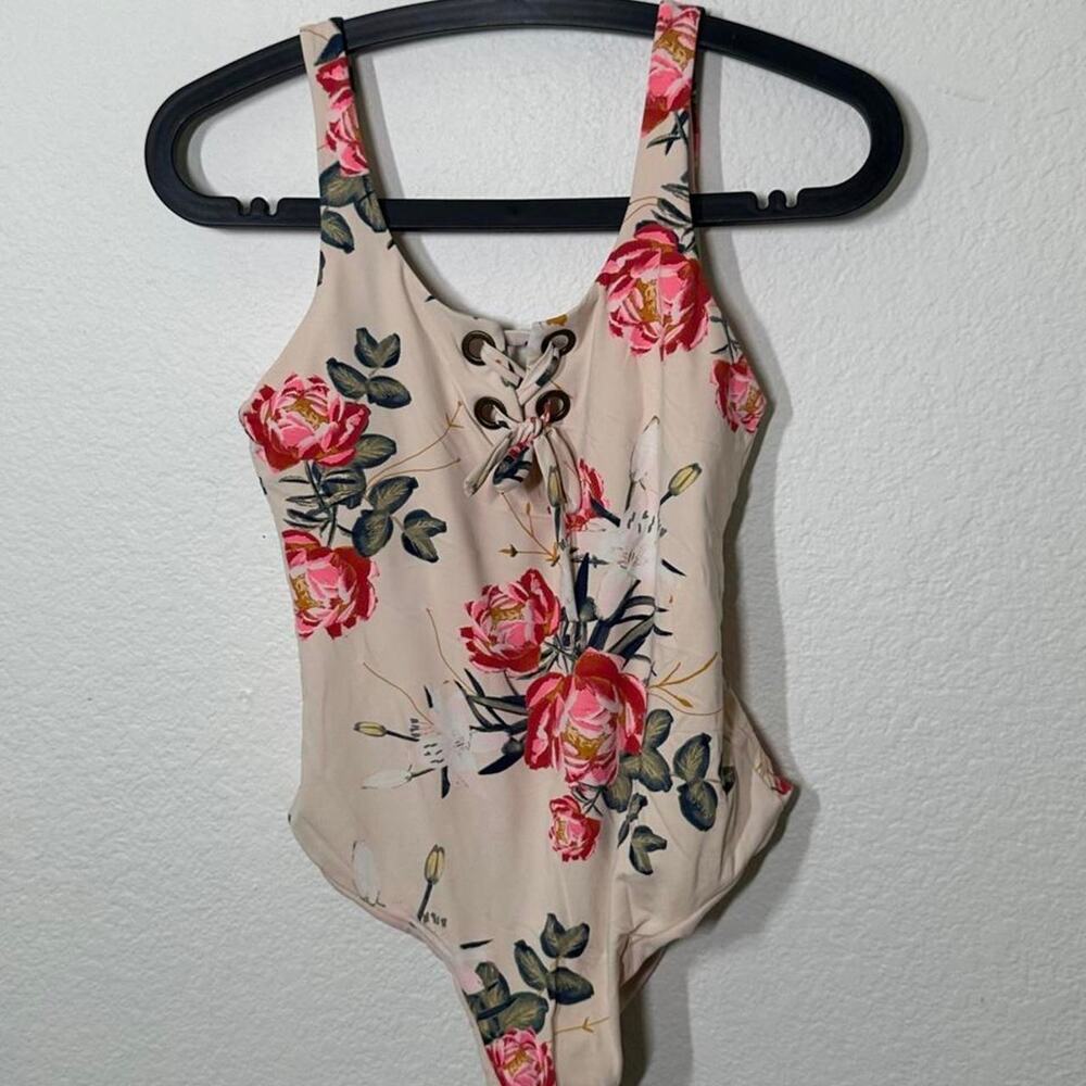 Roxy Floral Lace-Up One-Piece Swimsuit in Beige and Pink